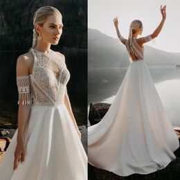 2020 Satin Boho Wedding Dresses Lace Keyhole Neckline Buttons Back Bohemian Beach Wedding Gowns vestido de novia214x
