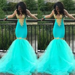 2019 Turquoise Prom Dresses Mermaid With Illusion Long Sleeve Gold Applique Beaded Sequin Jewel See Though Back Evening Gowns Form3147