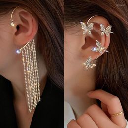 Backs Earrings Crystal Rhinestone Long Tassel Ear Cuff Butterfly Clip For Women Shiny Bone Clips No Piercing Earring Jewellery Club