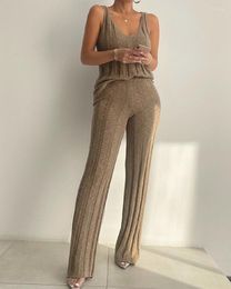 Women's Two Piece Pants 2023 List High-end Young Sexy Solid Overlls Knit Tank Sleeve Simple High Waist Long Wide Leg Women 2 Set