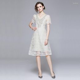 Work Dresses -French Break Skirt Light Luxury V-neck Bubble Sleeve Heavy Industry Nail Bead Flower Embroidery Long Temperament Dress