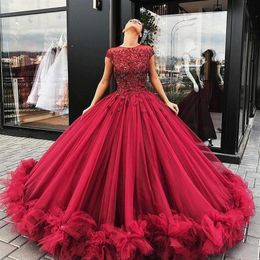 Cheap Dark Red Evening Dresses Wear Cap Sleeves Crystal Beaded Ball Gown Floor Length Special Occasion Prom Quinceanera Gowns Wear250C