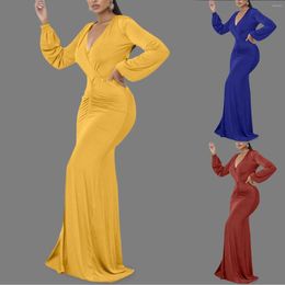 Casual Dresses Sexy Deep V Pleated Dress Women Elegant Chic Maxi Bodycon Wedding V-Neck Long Sleeve Package Hip Floor-Length Party