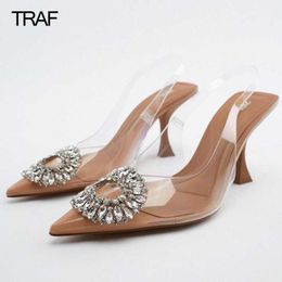 Sandals TRAF 2023 Woman Transparent Heels Women Pumps Rhinestone High Heels Spring Summer Butterfly Heels Sandals Slingback Heeled Shoe J230806