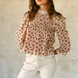 Women's Blouses 2023 Autumn Stand Neck Hollow Out Long Sleeve Shirt With Button Back French Retro Floral Print Short Blouse