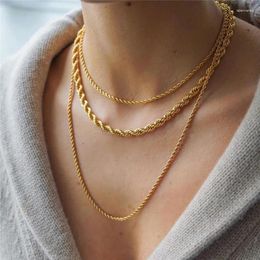 Chains Necklaces For Women 3mm Gold Colour Stainless Steel Twisted Rope Chain On Neck Choker Punk Hip-hop Minimalist Jewellery Accessories