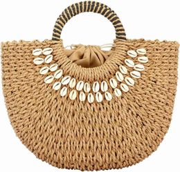 Natural Straw Bag for Women Hand-woven Straw Hobo Bag Round Handle Retro Summer Beach Bag HKD230807