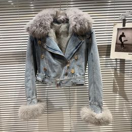 Women's Fur Winter Women Denim Coat Jacket Collar Short Warm High Street Outerwear Thicken Quality Luxury Design Party Wear