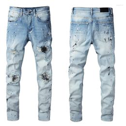 Men's Jeans AM High Street Fashion Skinny Denim Water Drop Hole Male Pants Quality Blue Ripped Patch Pencil Trousers