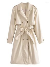 Women's Trench Coats Elegant Beige Color PU Long Trenchs Women Notched Collar Sleeve With Belt Lady Double Breasted Outerwear