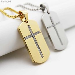 Trend Stainless steel Micro Paved Dog Tag Cross Pendant Necklace For Men Iced Out Jewellery L230704