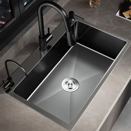 3 Holes 304 Stainless Steel Topmount Kitchen Sink Single Bowl Dark Black-Gray Wash Basin for Home Fixture Drain Accessories