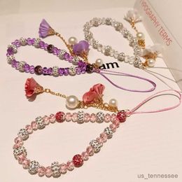 Cell Straps Charms Bling Flower Chain Mobile Lanyard Wrist Strap Women's Hand-held Chain Short Anti-lost Cell Case Cute Lanyard Key Pen R230807