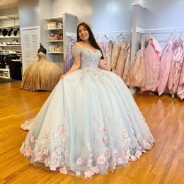 Sky Blue Quinceanera Dresses Off Shoulder 3D Flower Appliques Lace Corset For Sweet 15 Girls Party Gown Vestidos De 15 Anos