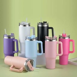 40oz Cute Stainless Steel Thermos Mug Cup with Straw Lid Handle Thermal Flask for Coffee Milk Keep Warm Cool Water Bottle HKD230807