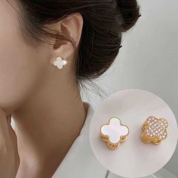 Simple four leaf grass earrings women Tiktok light luxury temperament advanced four leaf grass full diamond earrings can be worn on both sides