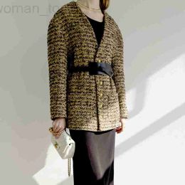 Women's Knits & Tees Designer C family autumn outfit V-neck wool tweed medium length gold buckle women's short jacket loose temperament small fragrance Z32006 55D3