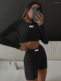 Women's Tracksuits Casual Tracksuit Women Shorts Set Fashion Long Sleeve Tops And Mini Two Piece Sets Ribber Knitted 2023 Spring