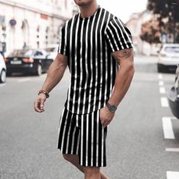 Men's Tracksuits Streetwear Matching Set Man'S O-Neck Short Sleeve Suit Shorts Beach Tropical Hawaiianss Body Sports Striped Clothes