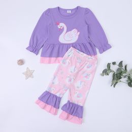 Clothing Sets Toddler Suit Baby Girl Purple Clothes Set 2pcs Cotton Swan Embroidery Bodysuit Long Sleeve Outfits Printing Pants For 1 8T Babi 230807