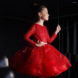 Girl Dresses Red Glitter Sequined Flower Dress O Neck Long Sleeves Knee Length 1-12 Years Princess Christmas Gowns Year Poshoot
