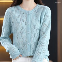 Women's Knits Pure Wool Cardigan Knitted Phoenix Flower Hollow High-end Foreign Style Round Neck Loose Outer Wear 22 Latest