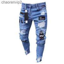 Mens Jeans Fashion Trend Knee Hole Zipper Leggings Embroidered Denim Pants Comfortable Fabric Multi Color Trousersnew
