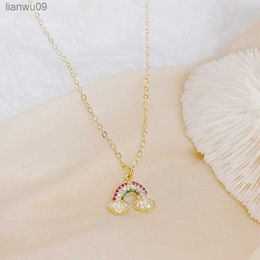 14k Plated Gold Colorful Rainbow Zircon Necklace for Lady Charm Creative Clavicle Temperament Colar Bijoux Pendant Jewelry Gift L230704