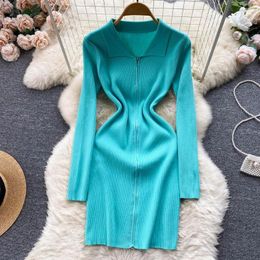 Casual Dresses 2023 Spring Autumn Women Polo Neck Long Sleeve Sweater Base Dress Fashion Zipper Solid Color Knitted Mini