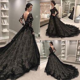 Black lace Gothic Wedding Dresses 2020 Long Sleeve V Neck Sweep Train applique Illusion Bodice Garden Country Bridal Gowns robes d280F