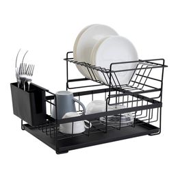 Dish Drying Rack with Drainboard Drainer Kitchen Light Duty Countertop Utensil Organiser Storage for Home Black White 2-Tier 21090258W
