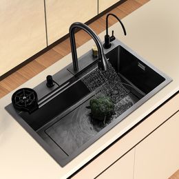 Creative Kitchen Sink Waterfall Faucet Nano Sink 304Stainless Steel Topmount Single Bowl Wash Basin with Board Drain Accessories