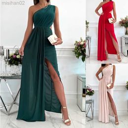 Basic Casual Dresses Y2k Women's Banquet Party Dresses Sexy Sleeveless Slanted Shoulder Hollow Air Quality Slit Skirt Prom Dress for Women Vestidos HKD230807