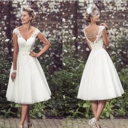 Elegant Tea Length Short Wedding Dresses Cap Sleeves Appliques Lace Wedding Gowns Tulle V Neck Short Bridal Gowns Cheap275h