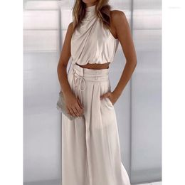 Women's Tracksuits Women Two Piece Pants Sets Outfit Silk Pleated Texture Sleeveless Top Wide Leg Set Summer Matching