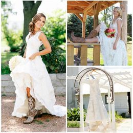 Tea Length Wedding Dresses 2018 Vintage Full Lace V Neck Cap Short Sleeves Country Western Boho Cheap Designer Modest Bridal Gowns275i