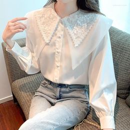 Women's Blouses Fashion Pater Pan Collar Blouse Women Tops Autumn Long Sleeve Double Leter White Chiffon Shirts Office Ladies 2023