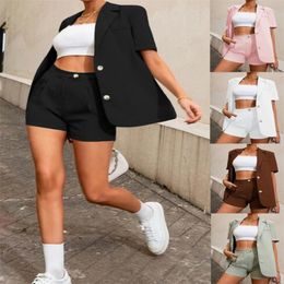 Women's Tracksuits Temperament Ladies Simple Office 2-Piece Suit Summer Solid Colour Short Sleeve Lapel Button Coat & Slim Shorts