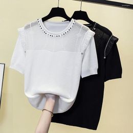 Women's Sweaters Summer Ice Silk Diamond Knit Sweater Tshirt Women Smiling Sexy Hollow Stylish Fashion Loose Tees Tops Short Sleeve Knitwear