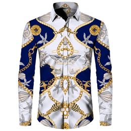 Men's Casual Shirts Luxury Men's Shirts Fashion Golded Chain 3D Printed Long Sleeve Tops Turn-down Collar Buttoned Shirt Party Club Cardigan Blouses 230807