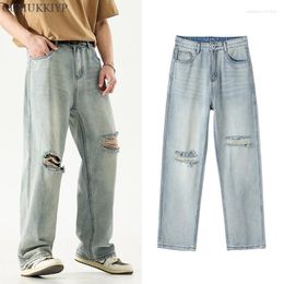 Men's Jeans CUMUKKIYP Ripped Baggy For Men Summer Y2K Streetwear Casual Solid Youth Hole Denim Straight Trousers