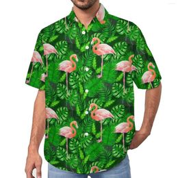 Men's Casual Shirts Flamingo Design Shirt Green Palm Leaf Print Beach Loose Summer Harajuku Blouses Short Sleeve Custom Oversize Tops