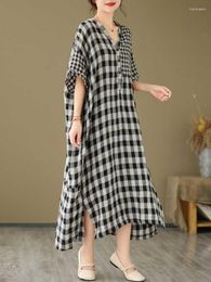 Casual Dresses For Women 2023 Summer Plaid V-neck Long Dress Streetwear Vintage Korean Style Loose Elegant Clothing