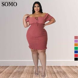 Basic Casual Dresses Summer Clothes Sexy Solid Colour Plus Size Dresses for Women One Word Collar Mini Dress Hip Wrap Clubwear Wholesale Dropshipping HKD230807
