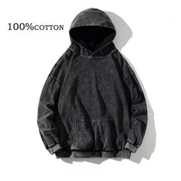 Men's Hoodies Sweatshirts 100% Cotton Men's Clothing Vintage Black Acid Wash Hoodies Men Women Oversized Hip Hop Sweatshirts Casual Pullover Y2K Clothes 230807