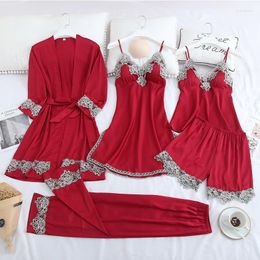 Women's Sleepwear Women Satin 5PC Robe Sets With Chest Pad Cami Nighties Patchwork Lace Sexy Lingerie Sleep Suit Silk Nightwear