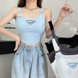 Women's Tanks Women Sleeveless Crop Top Tank Tops Sexy Vest Letters Y2K Solid Colour Short T-shirt Camisole With Bra Pad