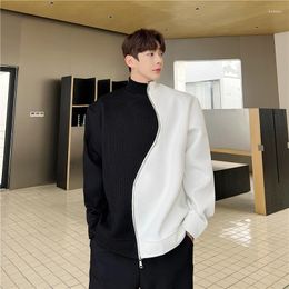 Men's Hoodies 2023 Spring Black White Contrast Colour Irregular Zipper Knitted Sweatshirt Mens Stand Collar Fashion Hip Hop Hoodie Knitwear