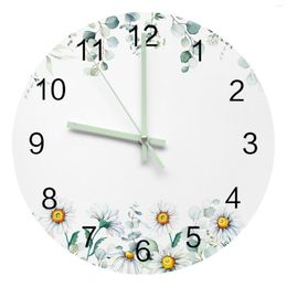 Wall Clocks Ins Style Eucalyptus Daisy Leaves Large Round Luminous Needles Clock Decor Room Hanging Ornaments Silent