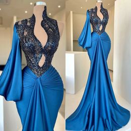 Elegant Blue Mermaid Evening Dresses Satin Sequins Keyhole Neck One Sleeve Party Prom Dress Sweep Train Pleats Long Dress for special occasion